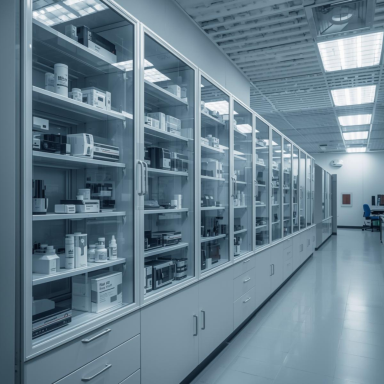 a professional product showcase — shelved or in lab context.